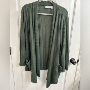 Denim and Co Olive Green Open-Front Ribbed Cardigan Sweater